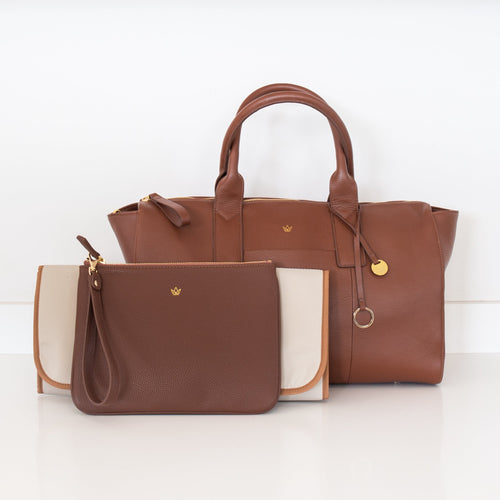 Tan Genuine Leather Diaper  handbags on a white background